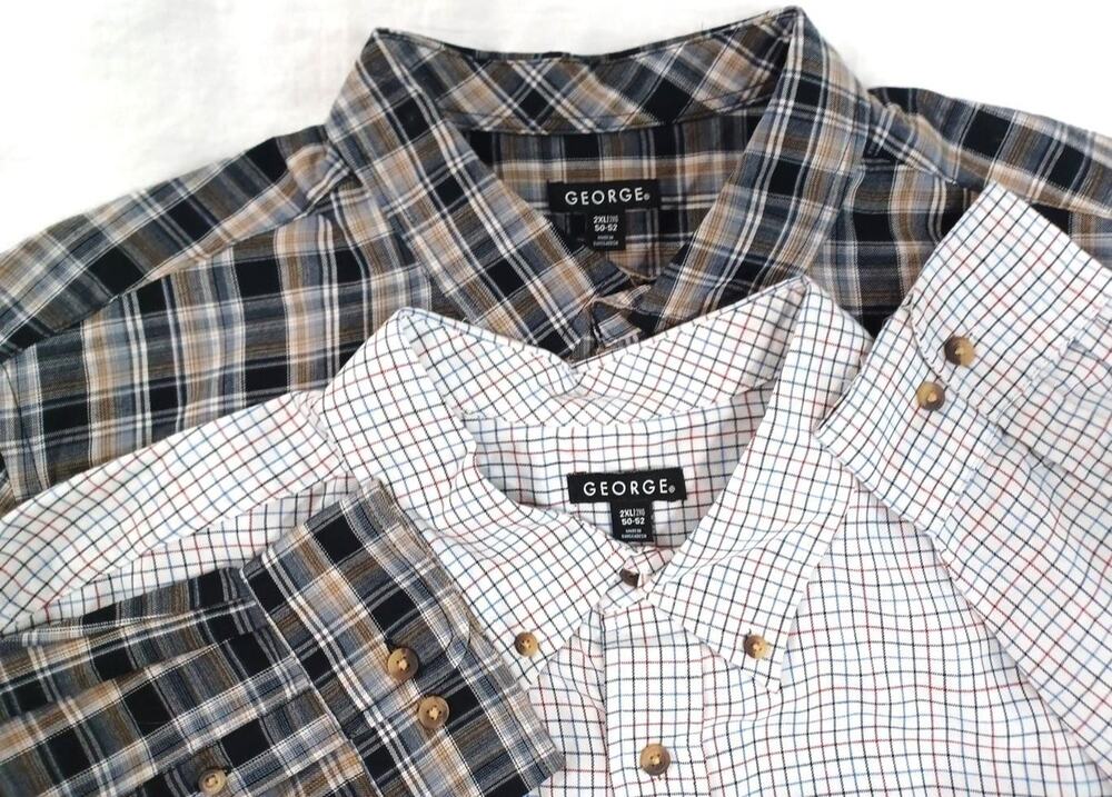 George Men Plaid Check 2 Shirts Sz 2XL Button Long Sleeve Cotton Blend NEW